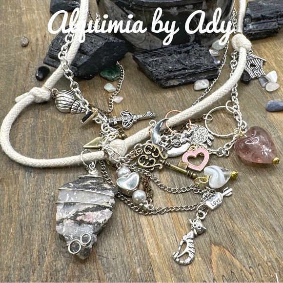 Maximalism chunky ametrine heart rhodonite layered multi charms necklace - Picture 6 of 8